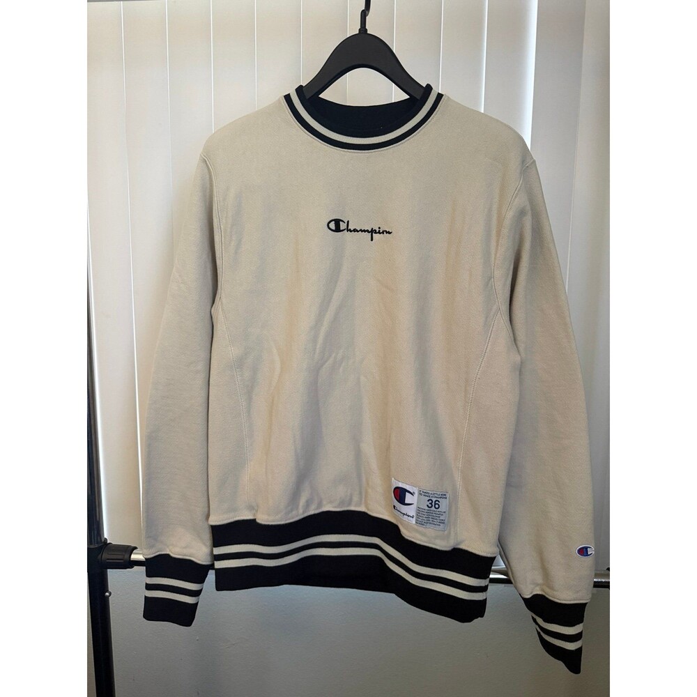 Men’s Champion Reverse Weave Sweatshirt Cream w/ Striped Cuffs Size Small
